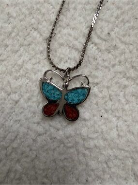 Boho Southwestern Butterfly Crushed Turquoise Inlay Necklace